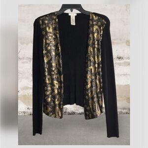 Cache Black Ribbed Sweater With Gold & Black Sequins Leopard Print Cardigan M